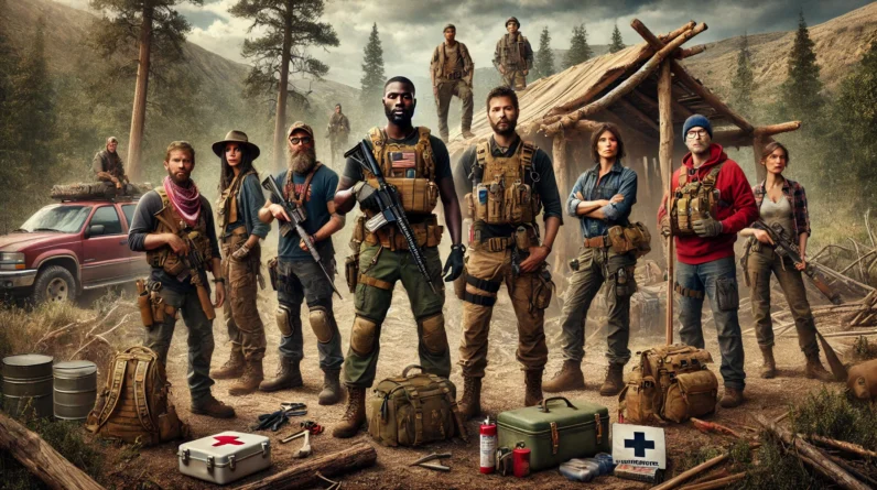 Diverse bug out team ready for survival in a natural setting, featuring a leader, a medic, a self-defense expert, a carpenter, and a forager, equipped with essential survival gear like backpacks, medical kits, tools, and weapons, standing in a rugged wilderness with a makeshift shelter being built.