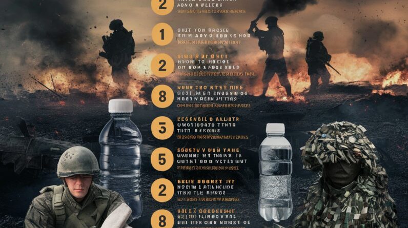 Essential warfare survival supplies including bottled water, non-perishable food, a first aid kit, hygiene products, portable water filters, a battery-powered radio, walkie-talkies, and a map, arranged in a rugged environment