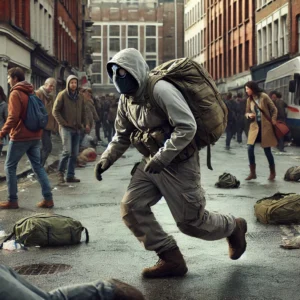 Person dressed in neutral clothing bugging out in a chaotic urban environment, blending in with the crowd while carrying a plain bug-out bag, avoiding eye contact, and staying unnoticed amidst a crisis.