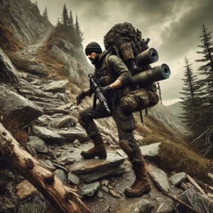 Survivalist hiking up a rugged hill with a fully loaded bug-out bag, showcasing physical fitness and preparedness in a challenging outdoor environment, emphasizing the importance of strength and stamina for bug-out scenarios.