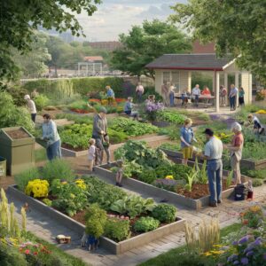 Vibrant community garden in an urban setting with diverse plants and people working together, featuring sustainable elements like composting and rainwater collection, set against a backdrop of city buildings. The image captures the essence of community collaboration and urban gardening.