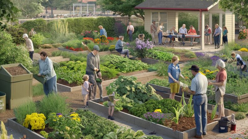 Vibrant community garden in an urban setting with diverse plants and people working together, featuring sustainable elements like composting and rainwater collection, set against a backdrop of city buildings. The image captures the essence of community collaboration and urban gardening.