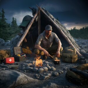 A rugged survivalist in a dense wilderness setting, surrounded by essential survival gear including a sturdy shelter, crackling fire, first aid kit, water purification system, and firearm, preparing a meal with a camping stove. The scene captures the essence of preparedness, resilience, and self-reliance in a challenging, untamed landscape.