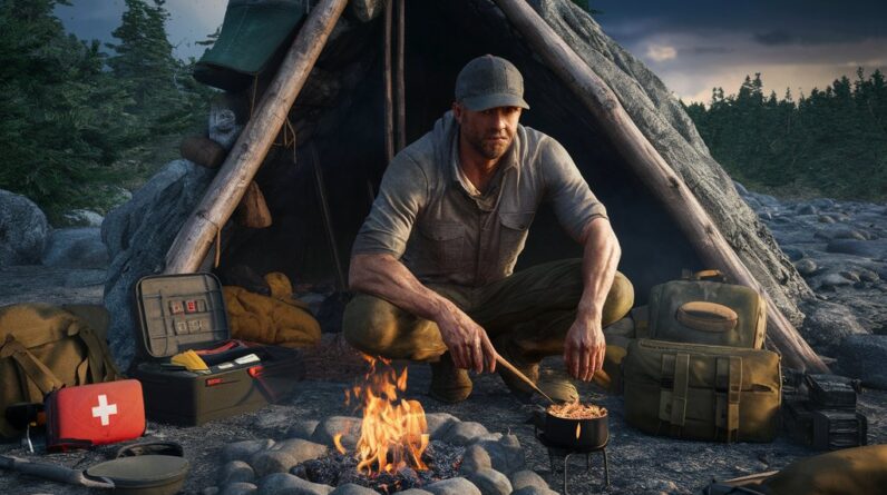 A rugged survivalist in a dense wilderness setting, surrounded by essential survival gear including a sturdy shelter, crackling fire, first aid kit, water purification system, and firearm, preparing a meal with a camping stove. The scene captures the essence of preparedness, resilience, and self-reliance in a challenging, untamed landscape.
