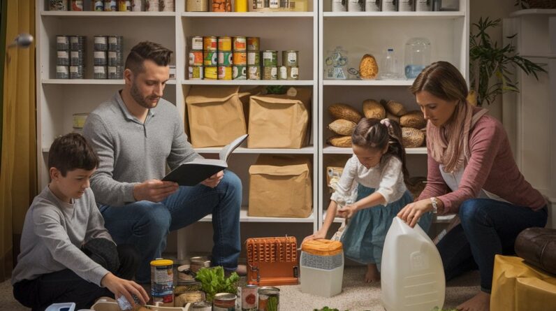 Family engaged in food and water preparedness, organizing stockpiles and using a portable water filter in a cozy living room during a power outage, emphasizing readiness and teamwork in crisis situations.
