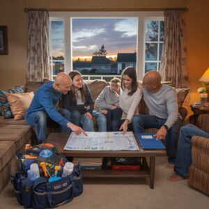 Family practicing a bug-out drill in their living room, reviewing an emergency plan with a map, while packing a bug-out bag filled with essentials like water bottles, flashlights, and important documents. The scene emphasizes preparedness, teamwork, and readiness for emergencies.
