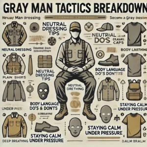 Infographic titled “Gray Man Tactics Breakdown,” outlining key strategies for blending in during a survival situation. Includes tips on neutral dressing, body language, and staying calm under pressure, designed with muted colors to represent the theme of invisibility.