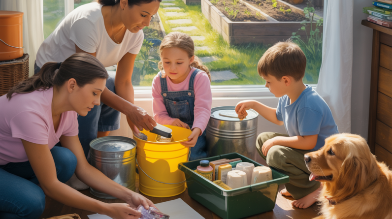 A diverse family preparing for emergencies at home, organizing survival food, water, solar gear, and security supplies, with a backyard garden and solar panel in view.