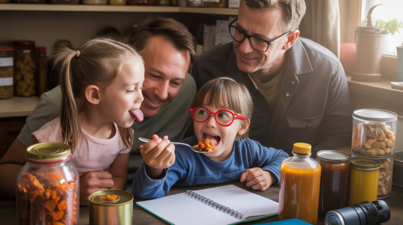 A family of four, gathered in a sunlit kitchen, smiling as they organize colorful survival food supplies on the table—conveying preparedness and unity.