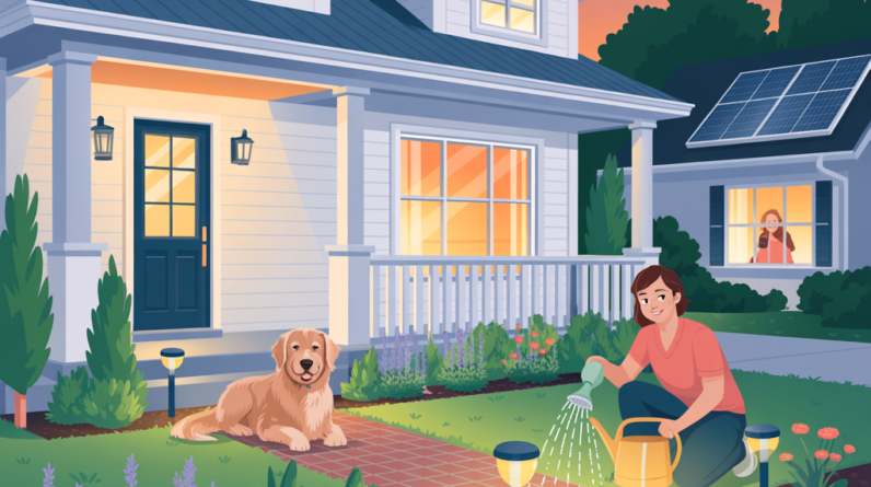 A colorful digital illustration shows a prepared suburban home with solar panels, rainwater barrels, a family practicing drills, and neighbors quietly working together for survival.