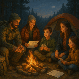 A family gathered around a campfire at dusk in the woods, practicing survival skills, reading an emergency plan, and playing cards to build confidence and boost morale during a preparedness exercise.