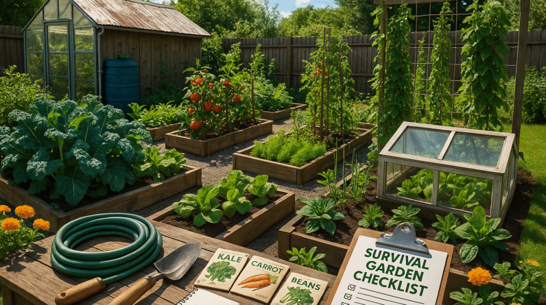 A thriving backyard survival garden with raised beds, greenhouse, rain barrel, cold frame, and vertical trellises, showing advanced prepper food security in action.