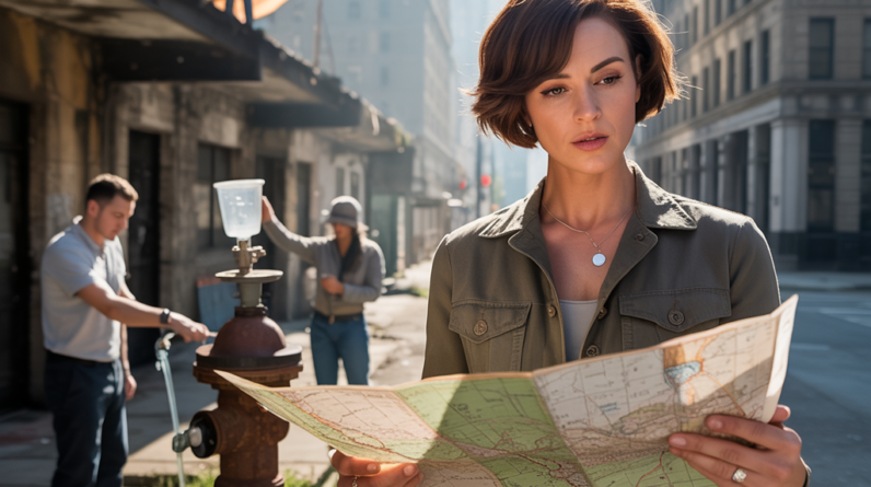 A diverse group of urban survivalists use essential bug out skills on an abandoned city street at sunrise—reading a map, filtering water, building a shelter, and signaling for help.
