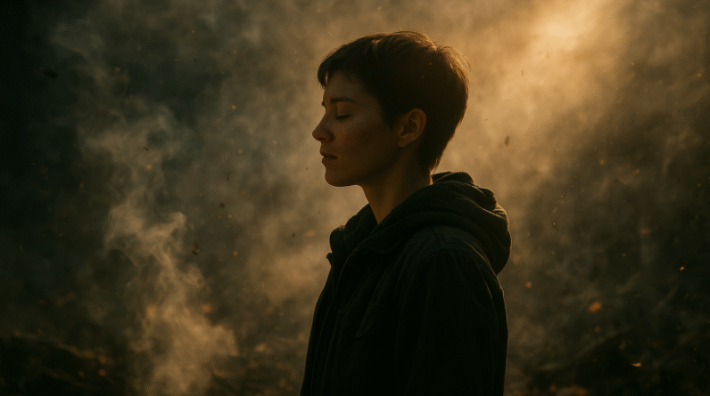 A person stands calmly amid swirling smoke and debris, their face softly illuminated by golden sunlight while the chaotic background blurs around them, symbolizing inner peace and resilience during turmoil.