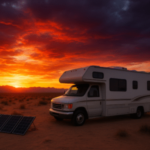 RV parked in a wide open desert at sunset with portable solar panels beside it, vibrant orange and purple sky, mountains in the distance, symbolizing off grid energy independence.