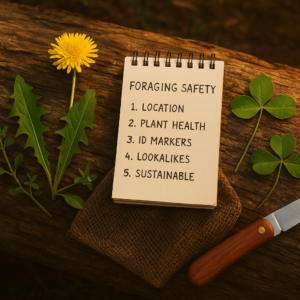 Overhead view of a foraging safety checklist notebook resting on a fallen log, surrounded by beginner-friendly edible wild plants like dandelion, chickweed, and clover, with a mesh foraging bag and folding knife in warm natural sunlight