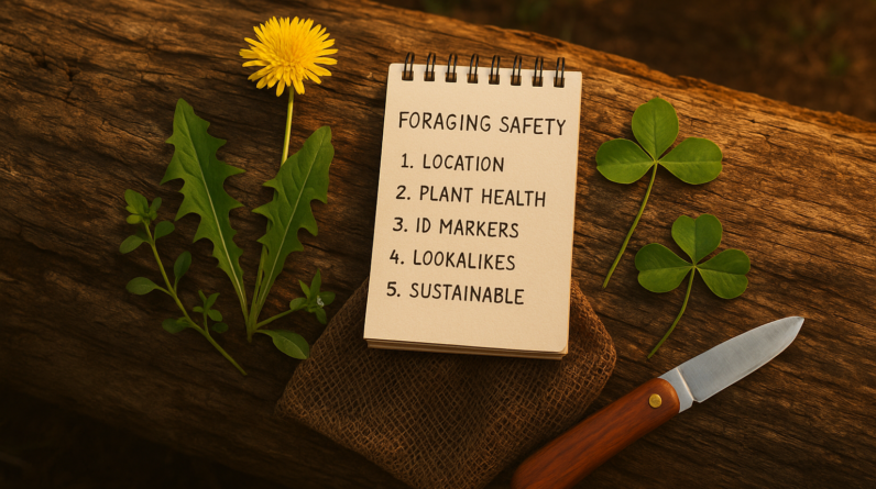 Overhead view of a foraging safety checklist notebook resting on a fallen log, surrounded by beginner-friendly edible wild plants like dandelion, chickweed, and clover, with a mesh foraging bag and folding knife in warm natural sunlight