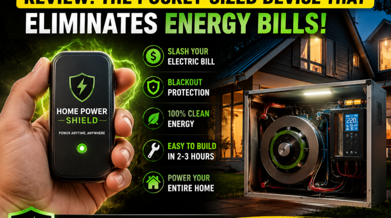A bold promotional image for Complete Home Power Shield showing a hand holding a glowing pocket-sized energy device in front of a modern home and power generator system, with text highlighting lower electric bills, blackout protection, clean energy, and energy independence.